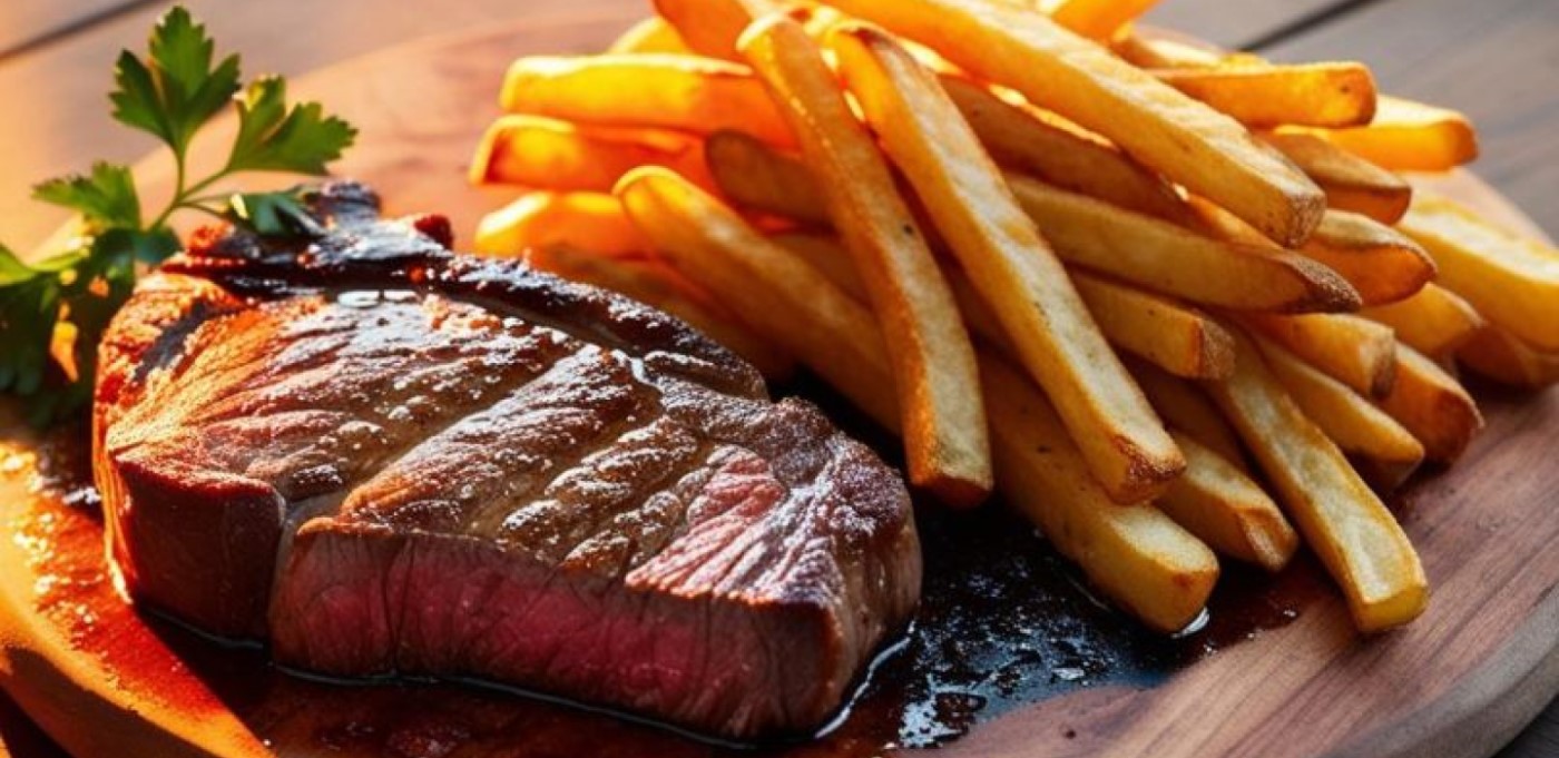 Juicy steak frites garnished with parsley on wooden plater.