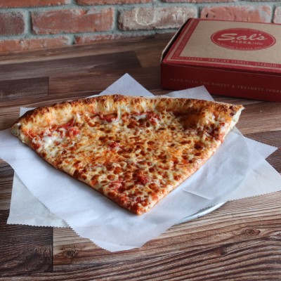 Large cheese pizza slice with Sal's Pizza box in background.