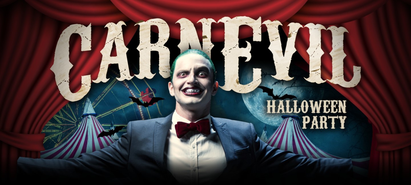 Carnevil Halloween Party graphic featuring creepy ringmaster and circus tents in the background.