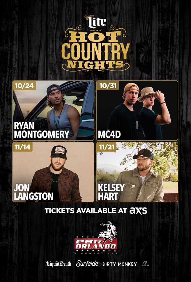 Hot Country Nights concert series featuring Ryan Montgomery, MC4D, Jon Langston, and Kelsey Hart.