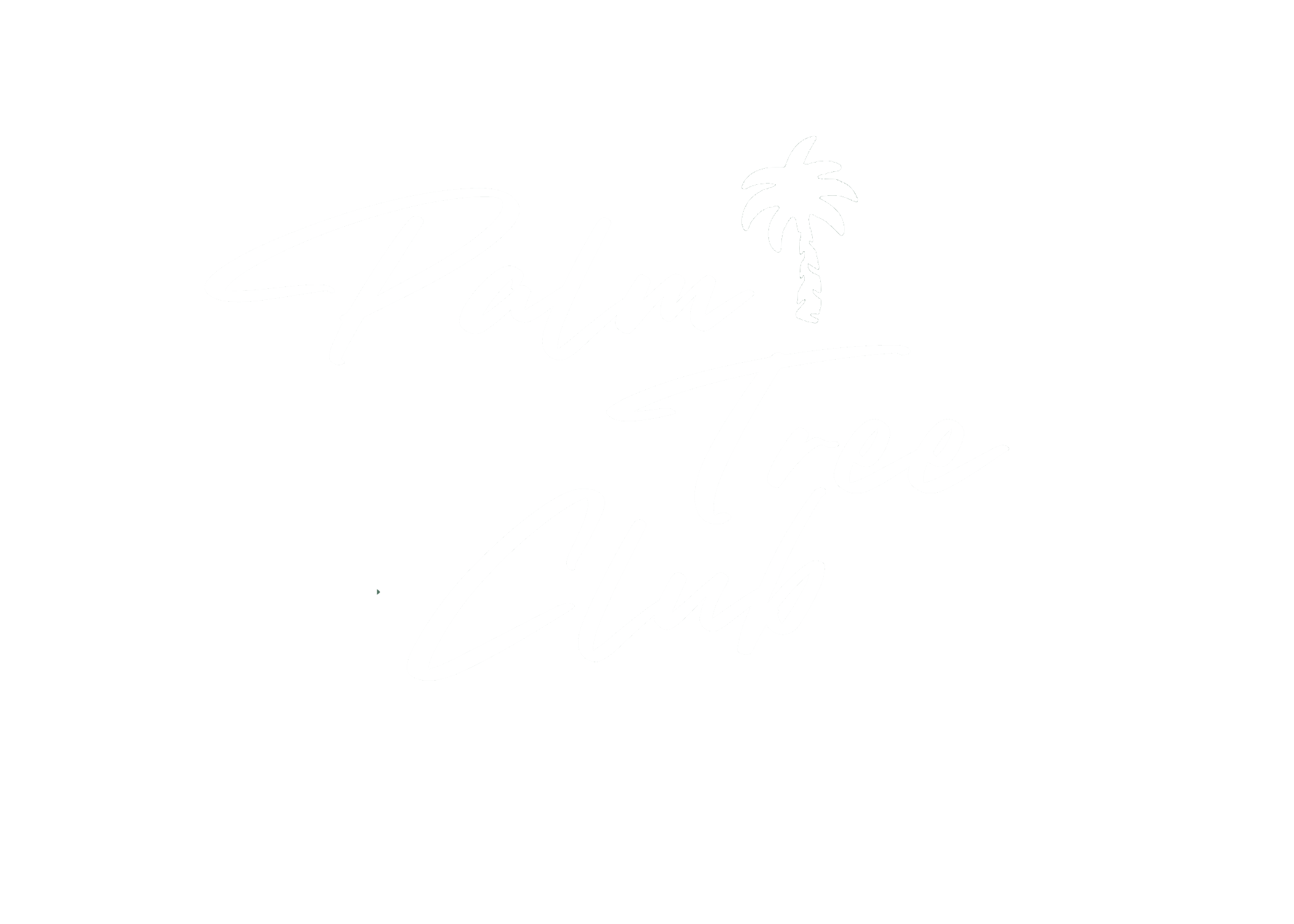 Palm Tree Club white logo with stacked script text and palm tree.