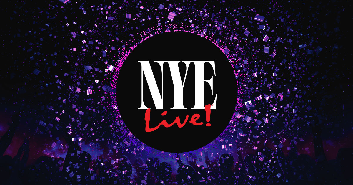 NYE Live! text surround by pink and purple glitter against a black backgound.