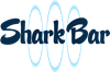 Shark Bar dark blue text logo with three light blue surfboards in the background.